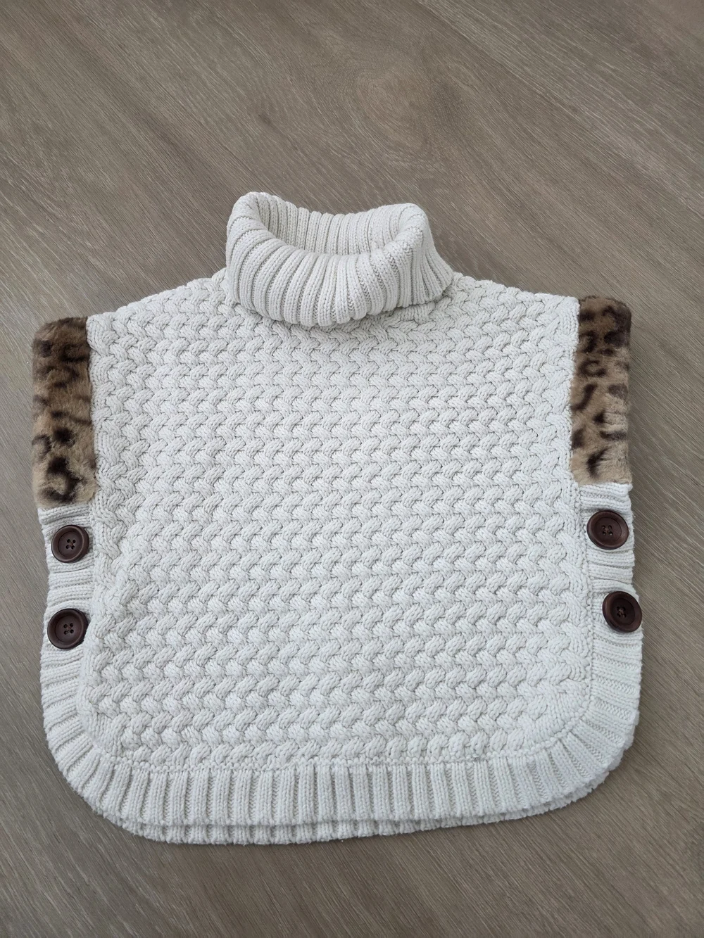 Cream Knit Poncho with Leopard Trim